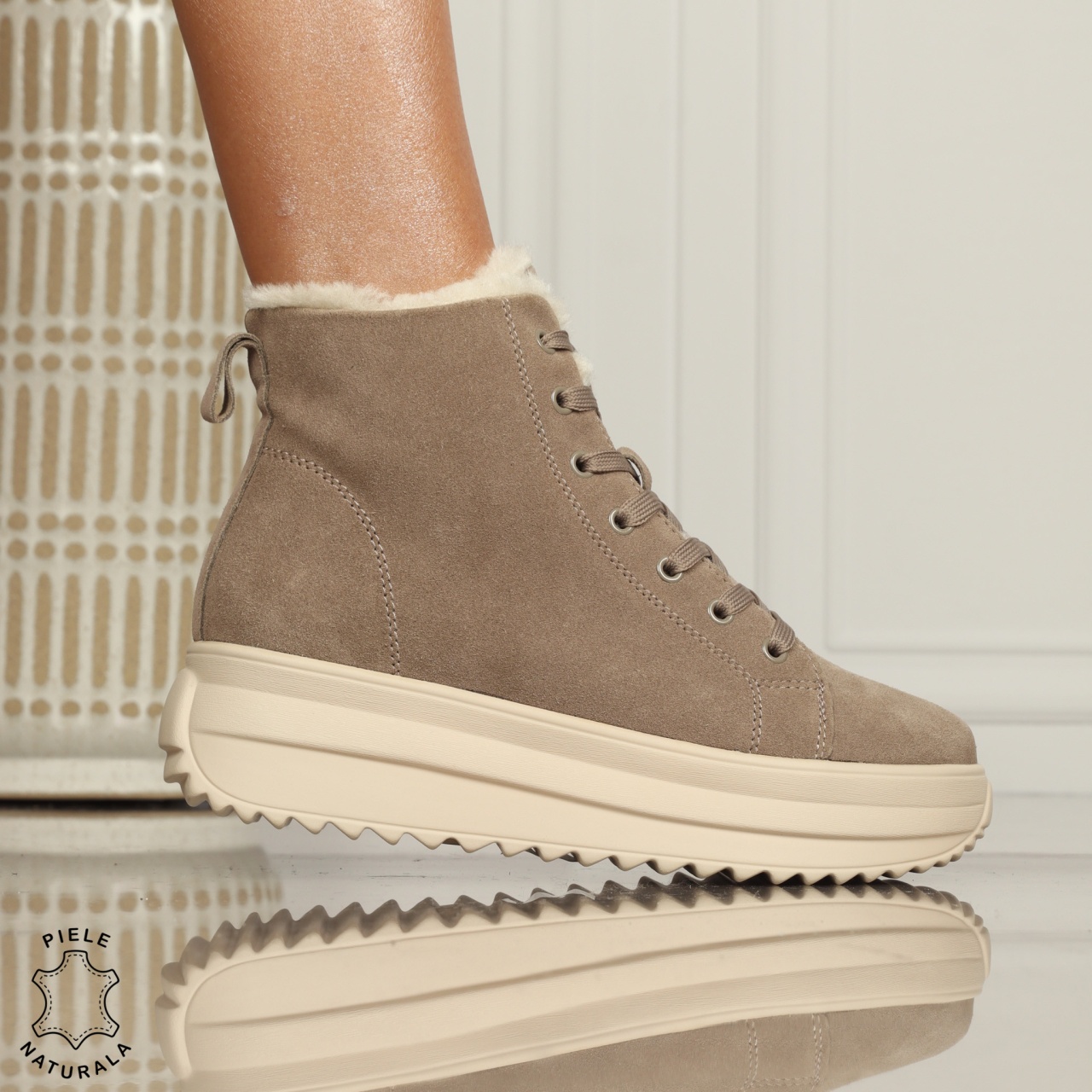Ghete Dama IMBLANITE DIN Piele Naturala SUEDE CRL1298 KHAKI