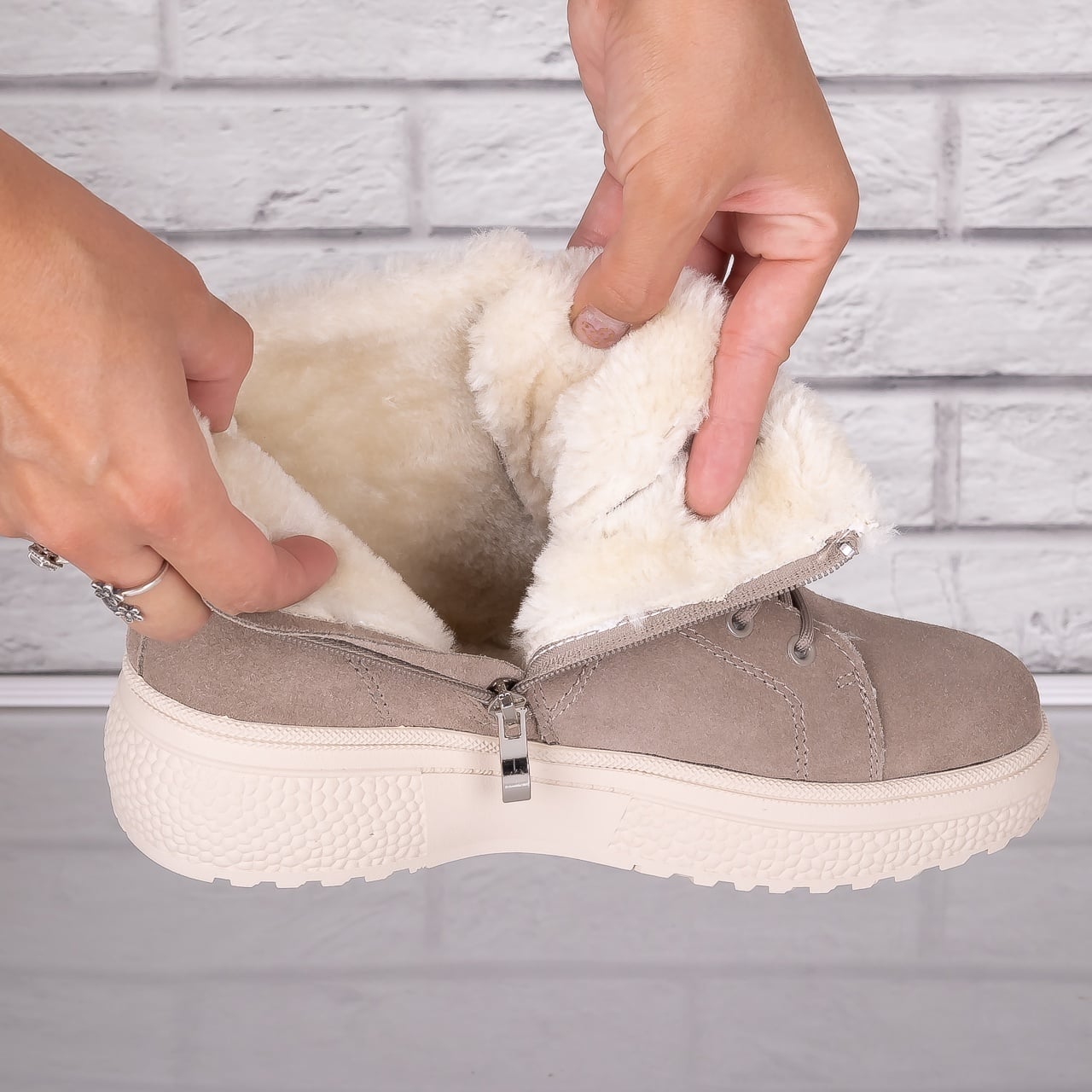 Ghete dama Imblanite Kaki din Piele Naturala Intoarsa Clavira - poza 4
