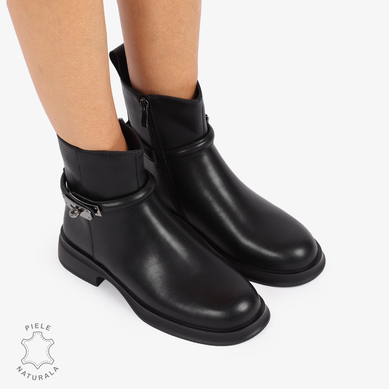 Ghete Dama Piele Naturala cu Cataramă Metalică CRL1241 NEGRU