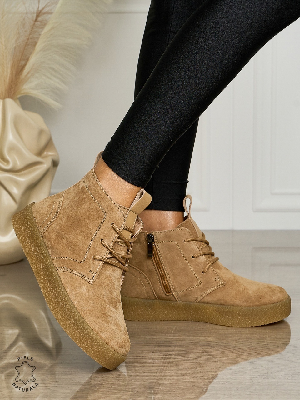 Ghete Dama Piele Naturala INTOARSA IMBLANITE CRL1457 KHAKI
