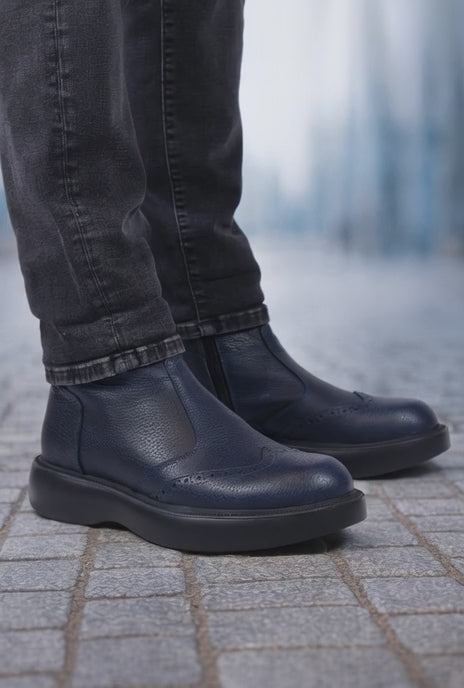Ghete Inalte Brabati din Piele Bleumarin cu Fermoar - LUK