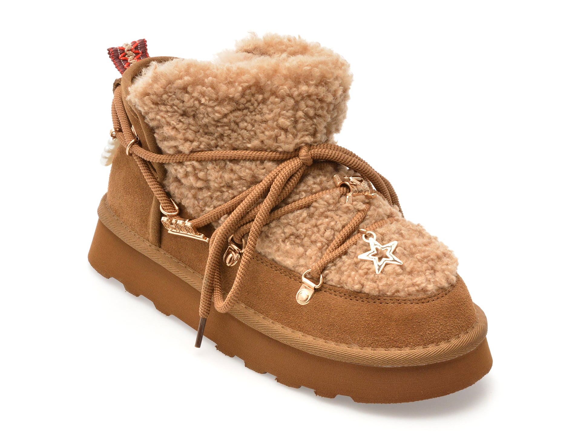 Ghete O-JOO maro, BRITNEY FUR, din material textil si piele naturala