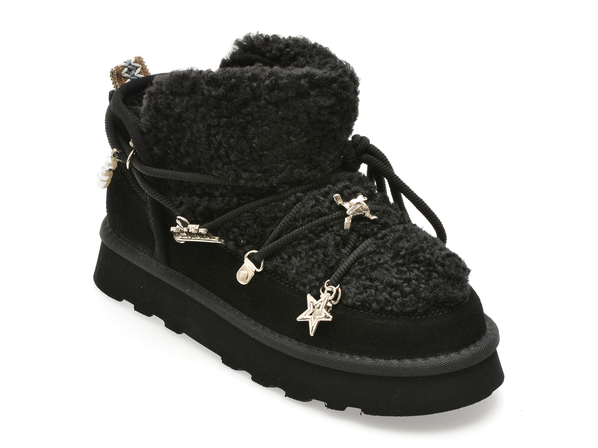 Ghete O-JOO negre, BRITNEY FUR, din material textil si piele naturala