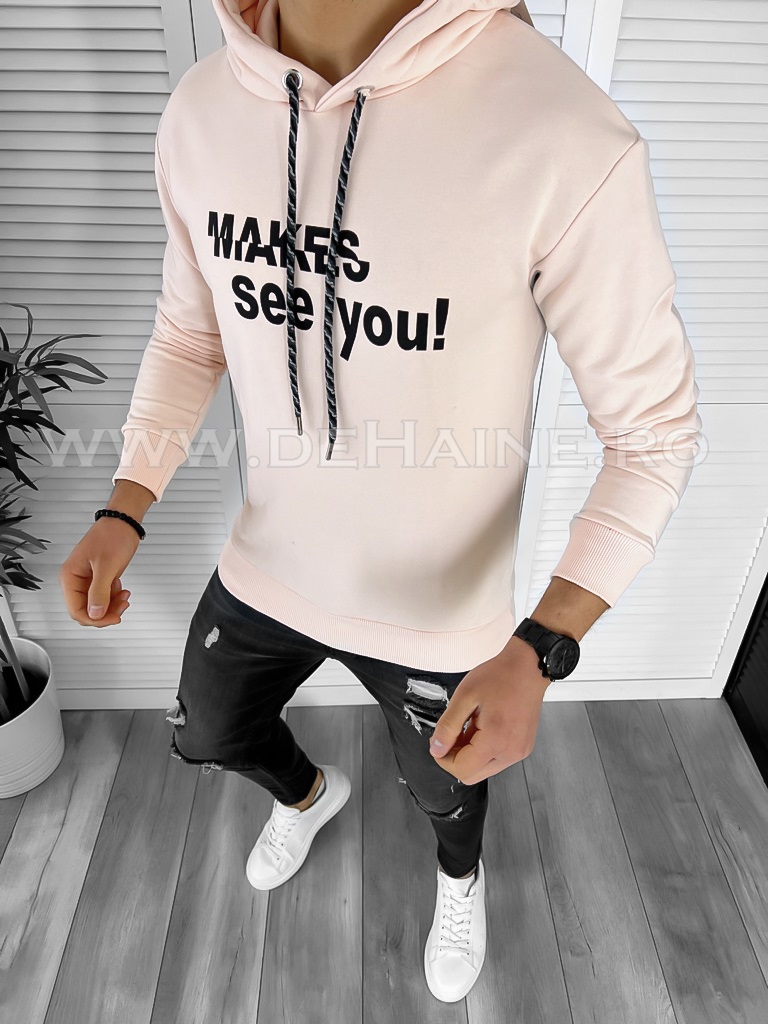 Hanorac barbati roz pudra cu imprimeu pe spate slim fit CU MIC DEFECT DEFK054 D2-5.4