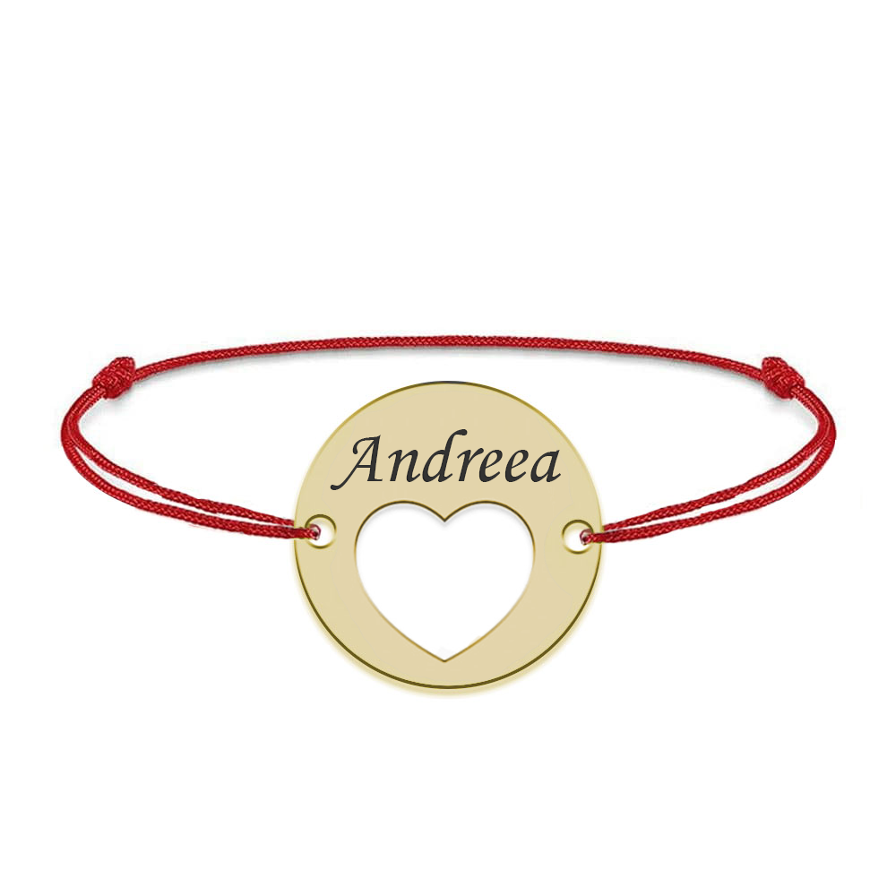 Heart - Bratara snur personalizata banut cu nume si inimioara din argint 925 placat cu aur galben 24K