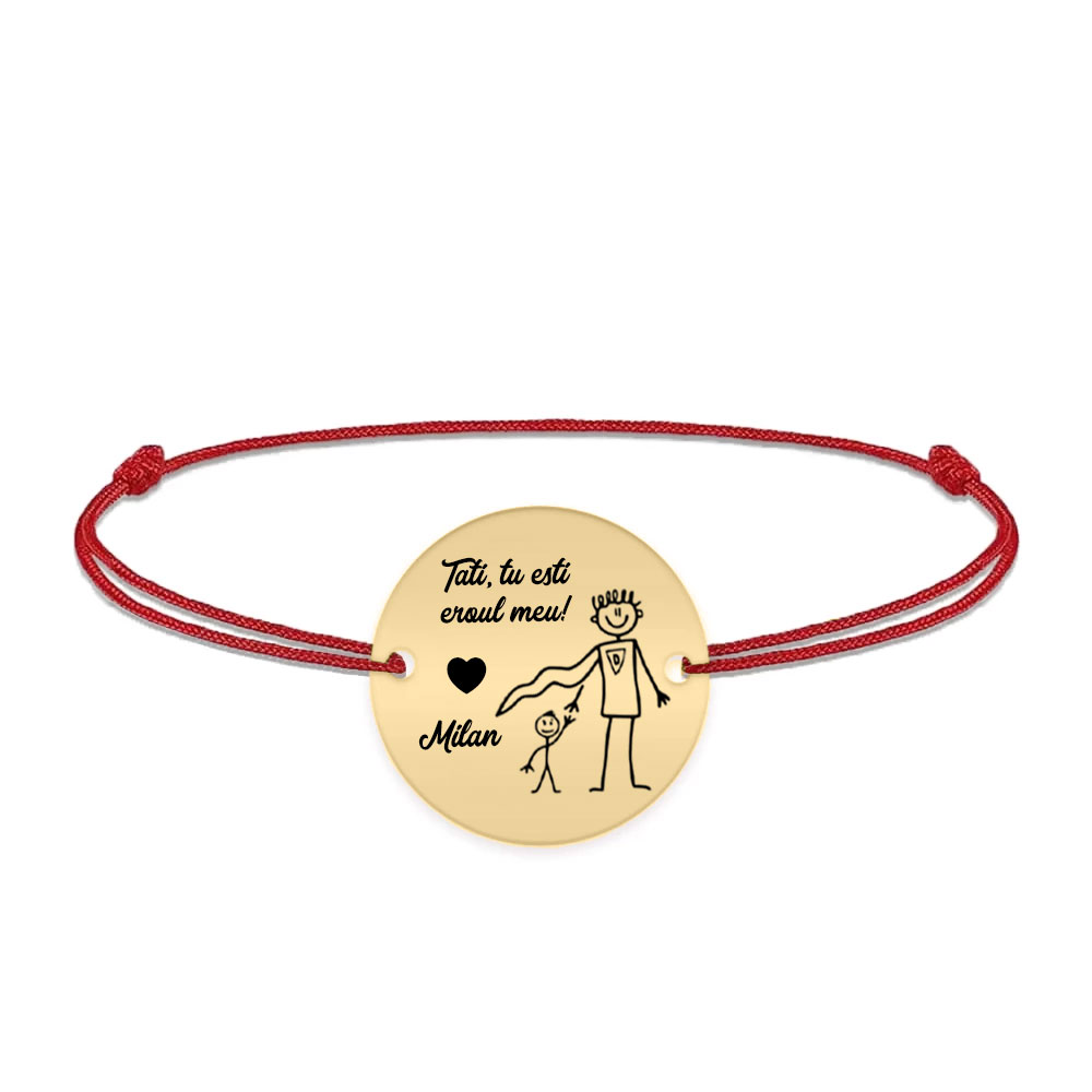 Hero - Bratara personalizata cu banut si snur pentru tata din argint 925 placat cu aur galben 24 karate - "Tati, tu esti eroul meu!"