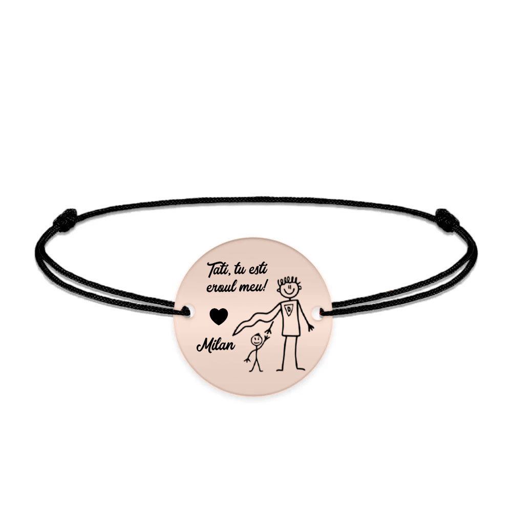 Hero - Bratara personalizata cu banut si snur pentru tata din argint 925 placat cu aur roz - "Tati, tu esti eroul meu!"
