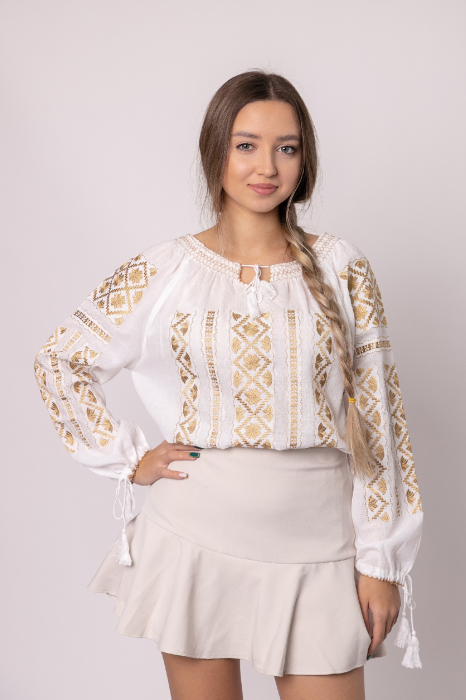 Ie traditionala alba cu motiv floral auriu Aurelia 01