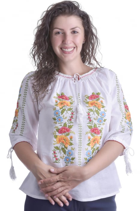 Ie traditionala alba cu motiv floral multicolor Florina 01