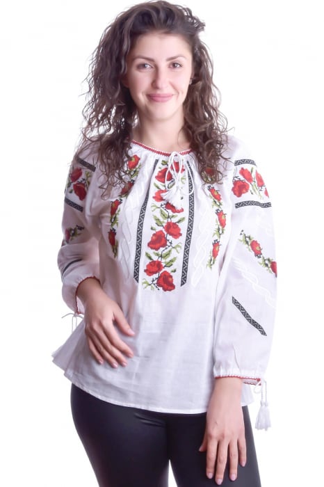 Ie traditionala alba cu motiv floral rosu Iulia 01