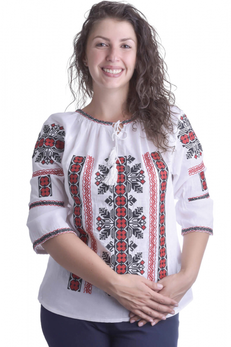 Ie traditionala alba cu motiv geometric rosu Marinela 02