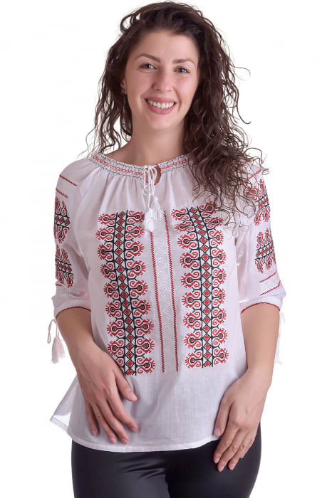 Ie traditionala alba cu motiv geometric rosu Vera 06