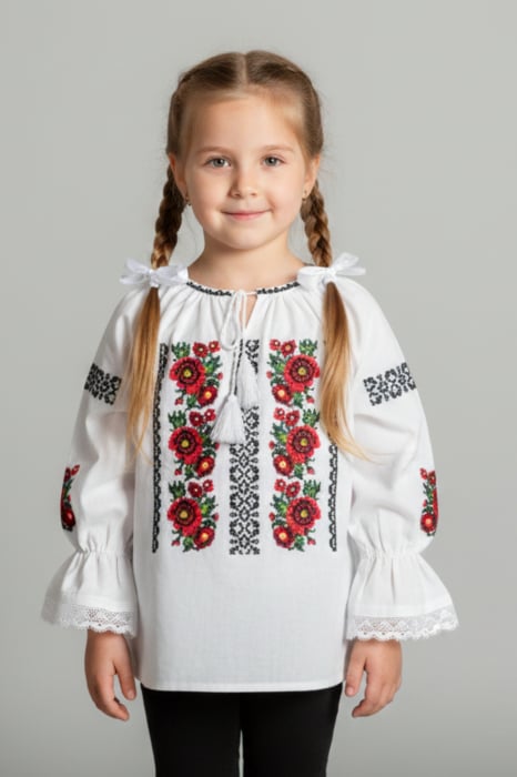 Ie traditionala alba pentru fetite cu motiv floral rosu Aniela
