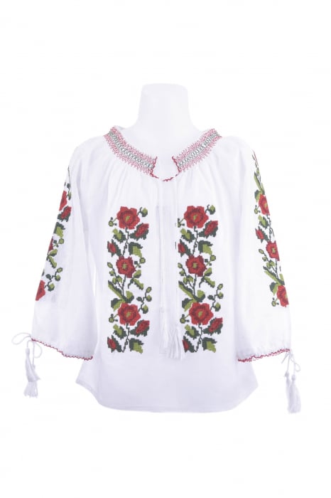 Ie traditionala alba pentru fetite cu motiv floral rosu Catrinel