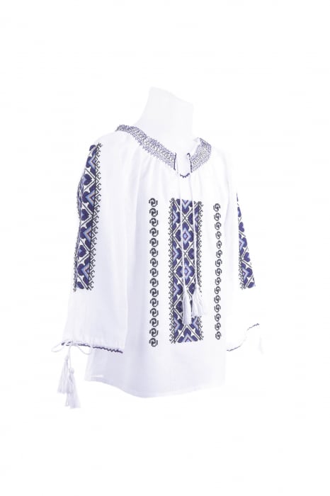 Ie traditionala alba pentru fetite cu motiv geometric mov Melissa
