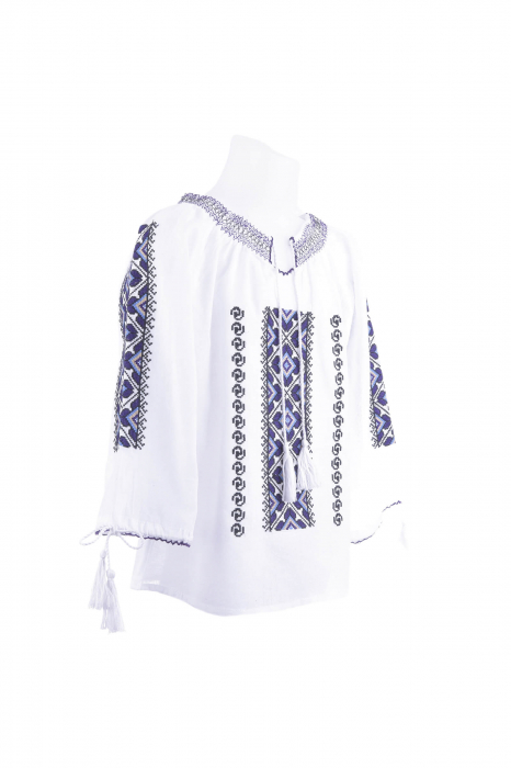 Ie traditionala alba pentru fetite cu motiv geometric mov Melissa