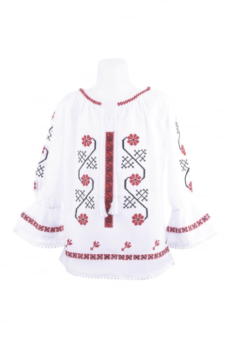 Ie traditionala alba pentru fetite cu motiv geometric rosu Iasmina