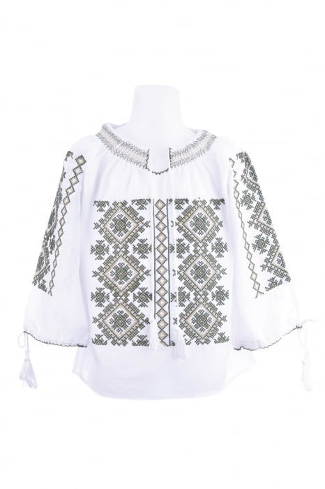 Ie traditionala alba pentru fetite cu motiv geometric verde Carolina