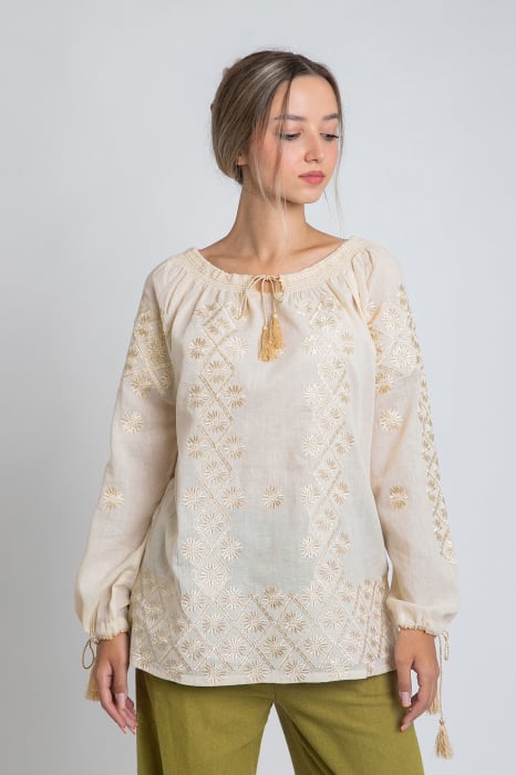 Ie traditionala crem cu motiv floral auriu Codrina 01