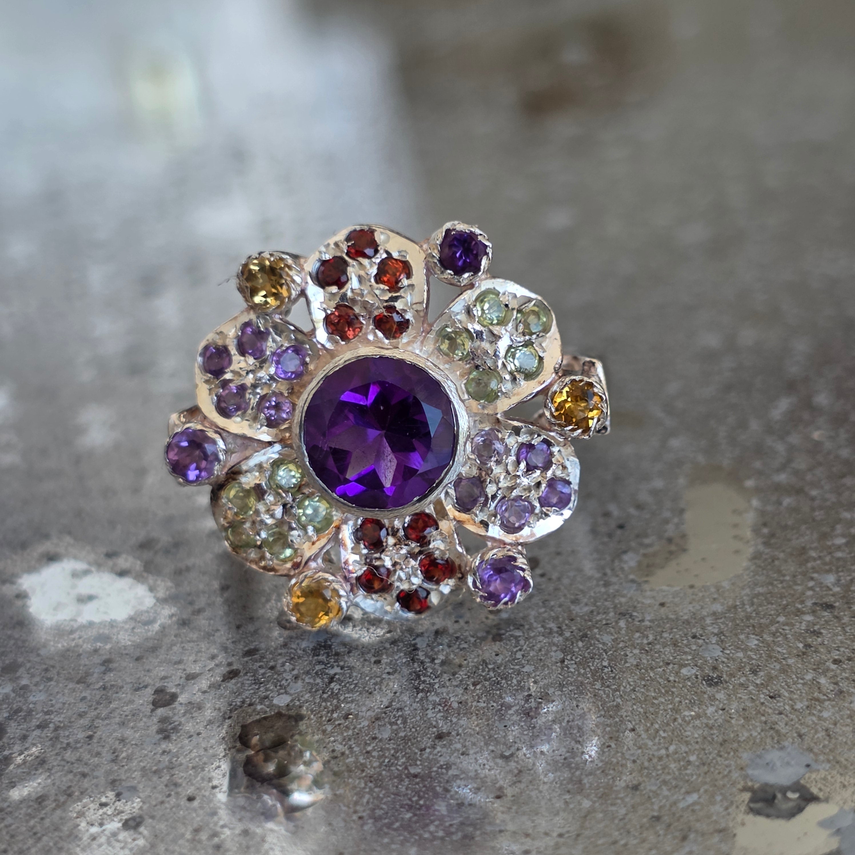 Inel argint ametist, granat, citrin, peridot | FLOWER