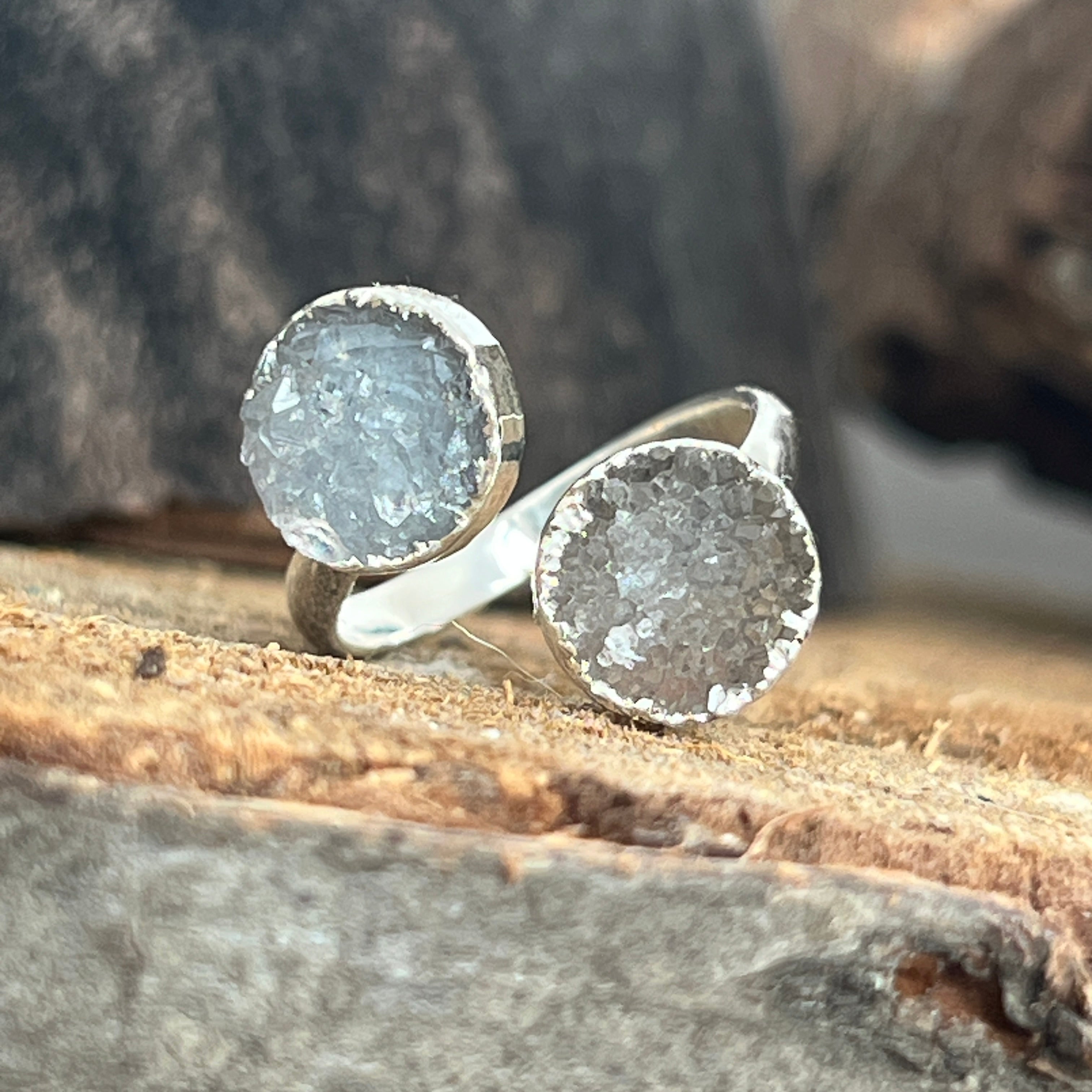 Inel reglabil agat druzy Circles placat cu argint din Brazilia | Model 8