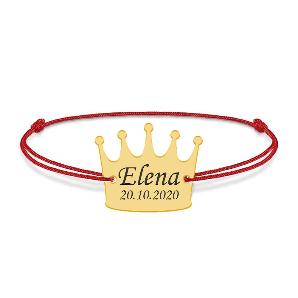 King - Bratara snur cu talisman din argint 925 placat cu aur galben 24K personalizata cu text - coroana