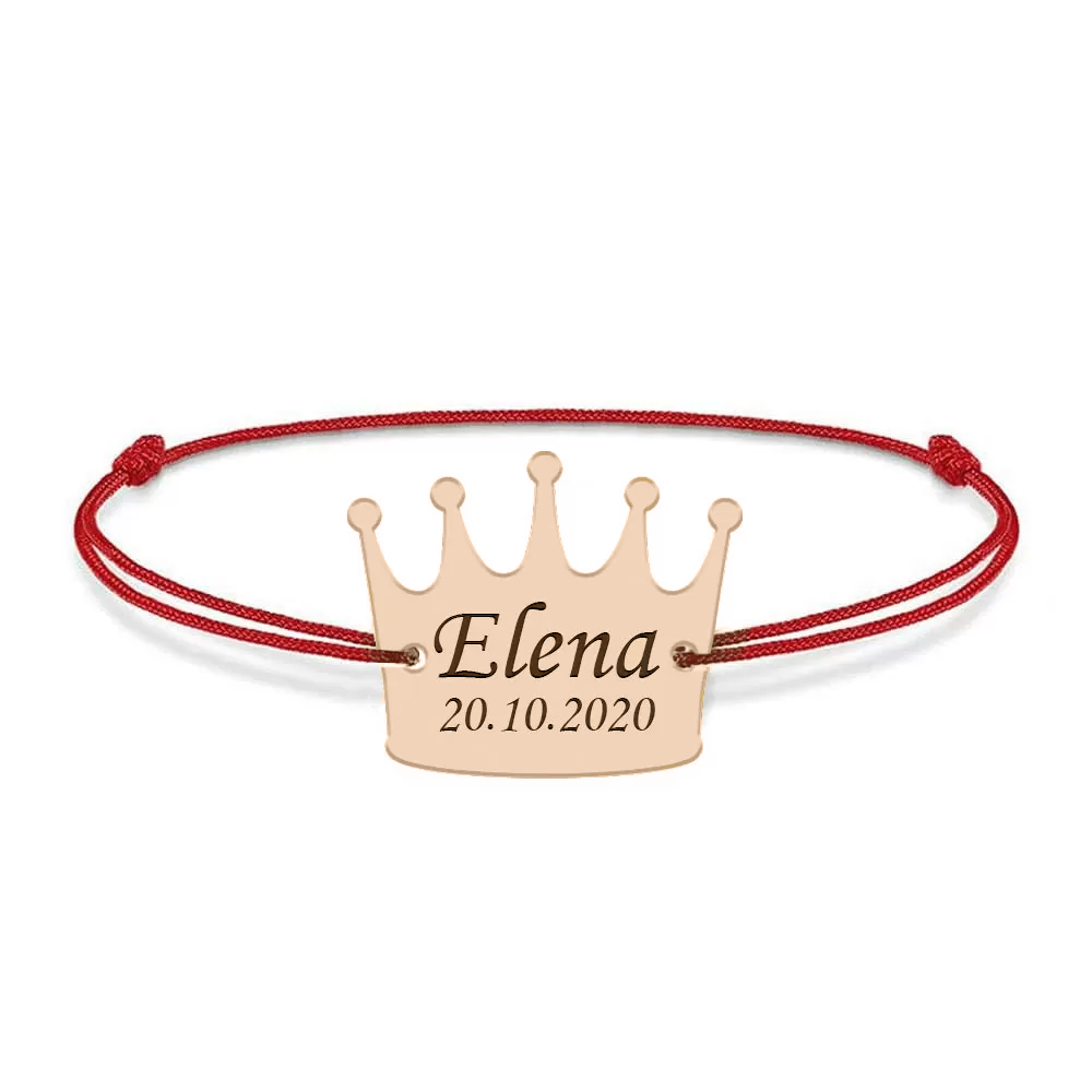 King - Bratara snur cu talisman din argint 925 placat cu aur roz personalizata cu text - coroana