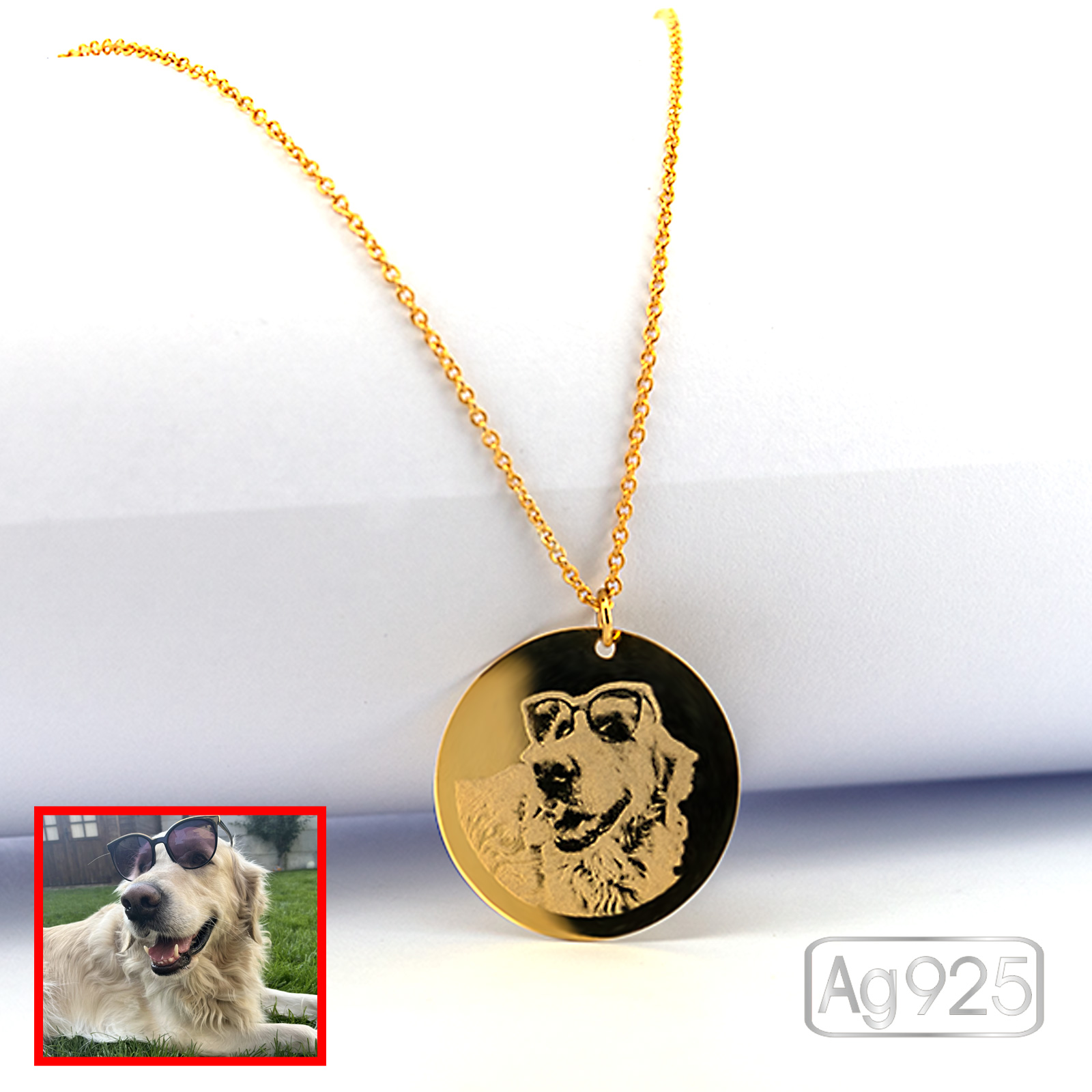 Lantisor cu pandantiv rotund, argint placat cu aur, personalizat prin gravura cu poza