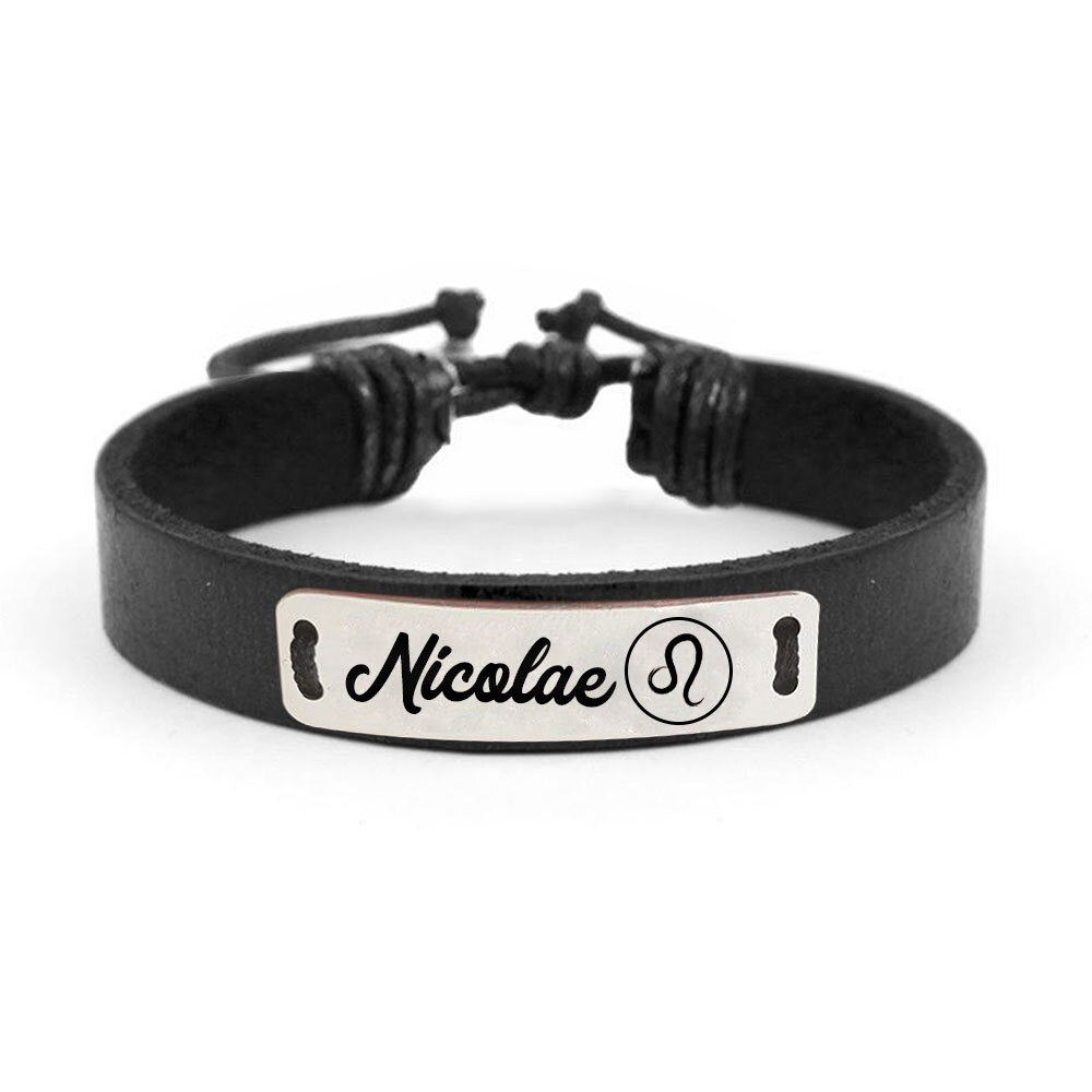 Liam - Bratara personalizata cu nume si zodie din piele si tablita din argint 925