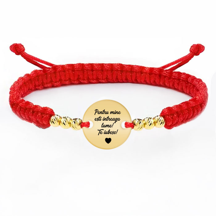 Mara - Bratara personalizata snur impletit 6 bile si banut din argint 925 placat cu aur galben 24 karate