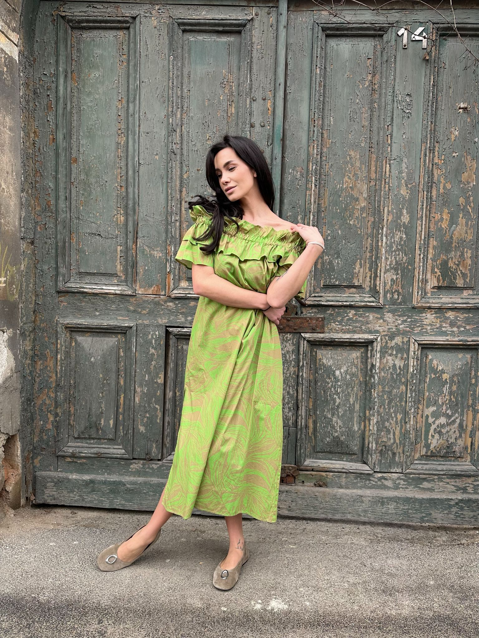 MeiMeij rochie verde cu print - S INTL