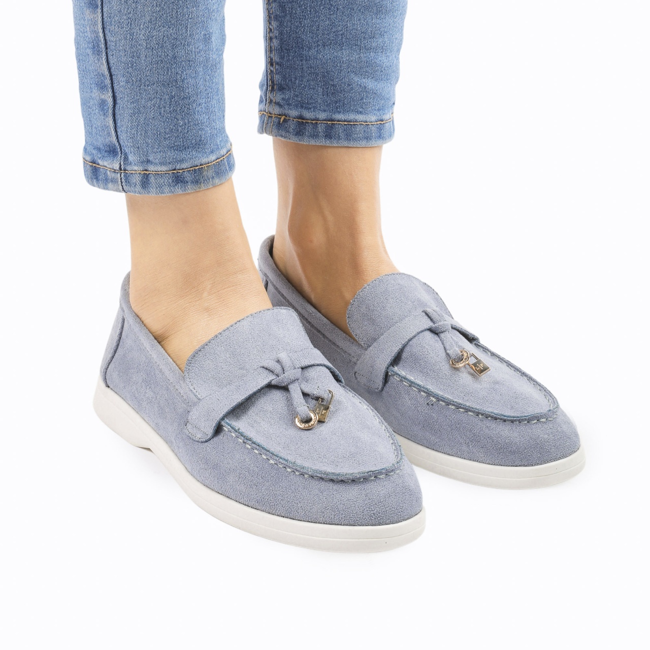 Mocasini DAMA din PIELE ECOLOGICA INTOARSA cu detaliu auriu CRL0958 CULOARE: Albastru