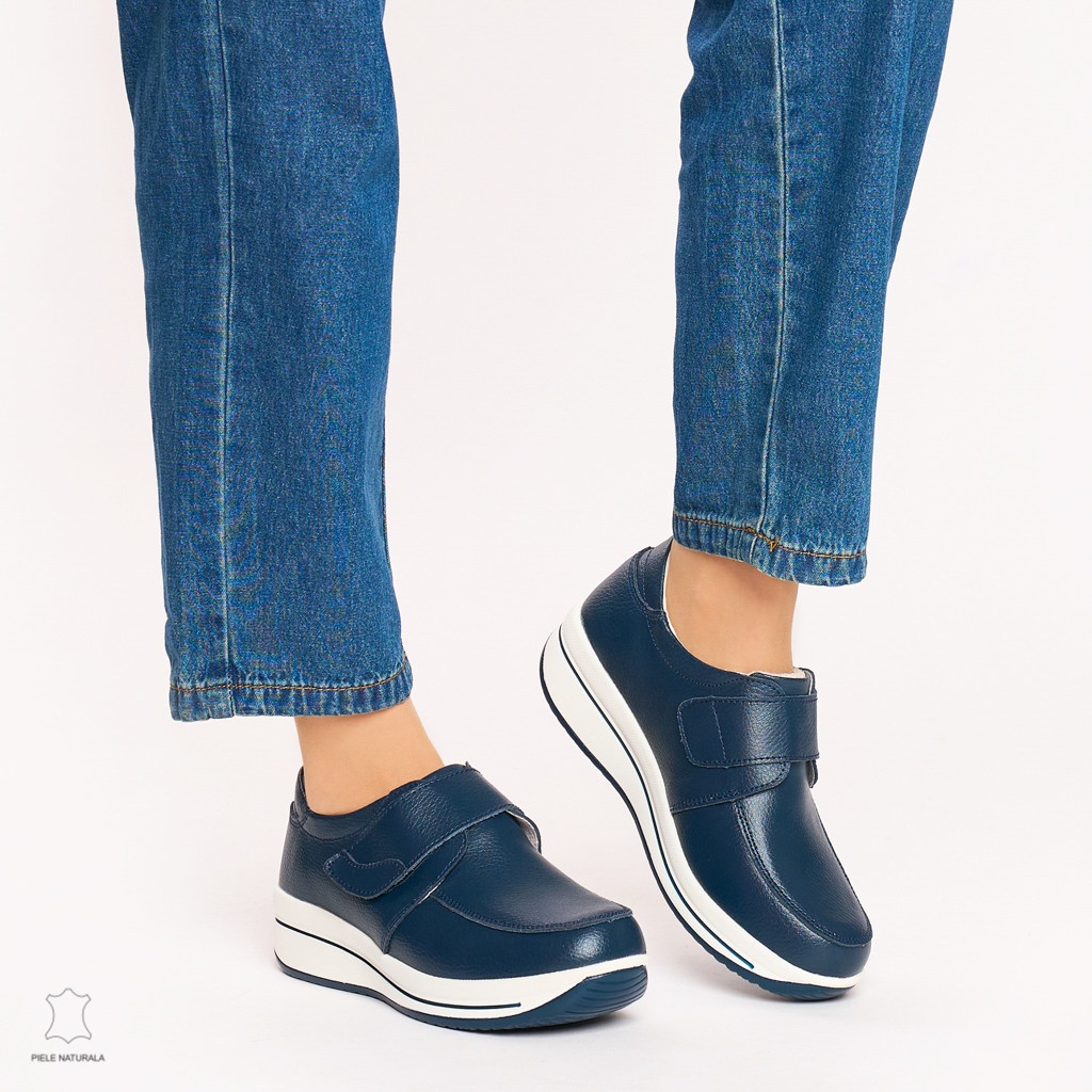 Mocasini dama din piele naturala cu talpa groasa CRL0004 NAVY