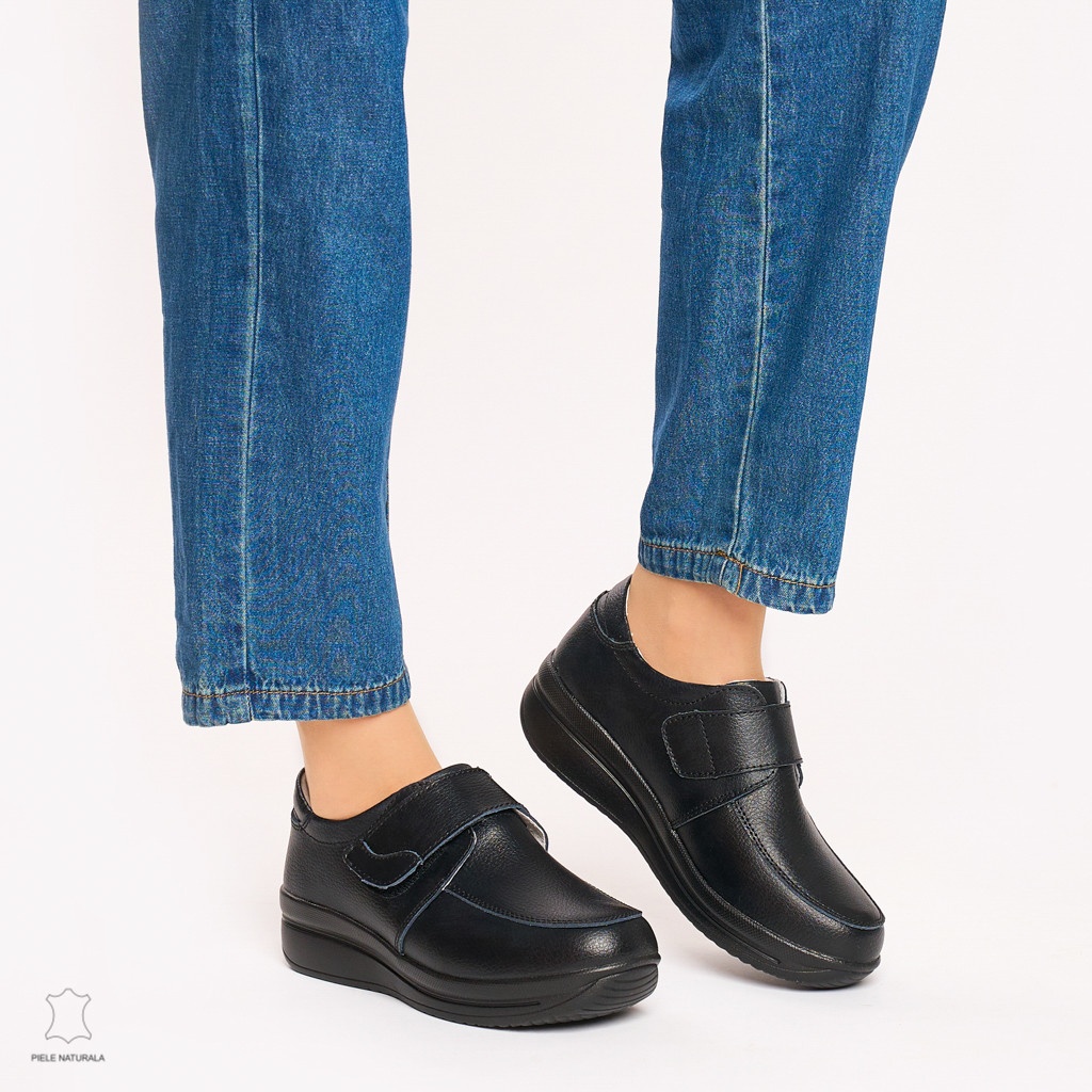 Mocasini dama din piele naturala cu talpa groasa CRL0004 NEGRU