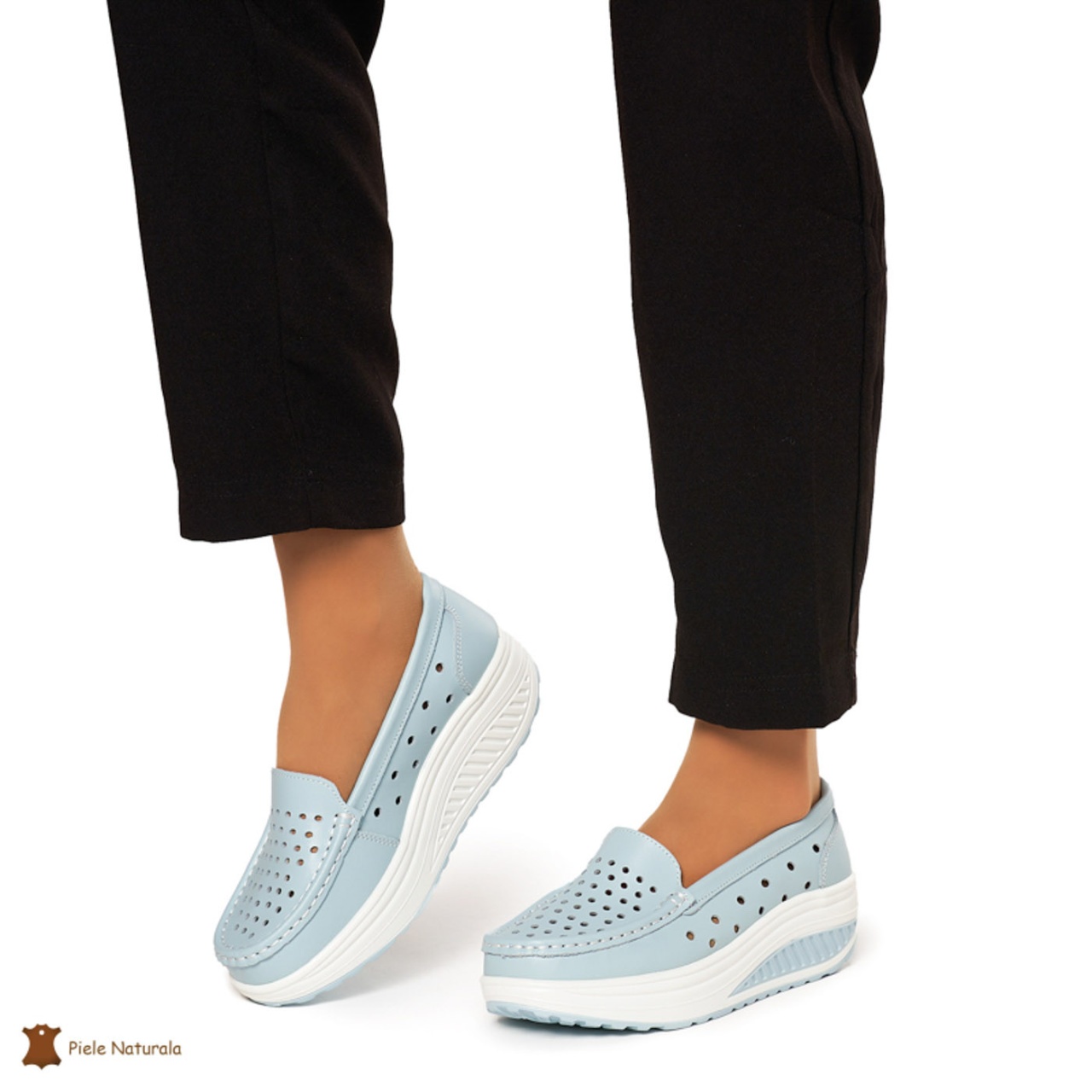 Mocasini Dama Piele Naturala perforati cu talpa groasa CRL0079 ALBASTRRU