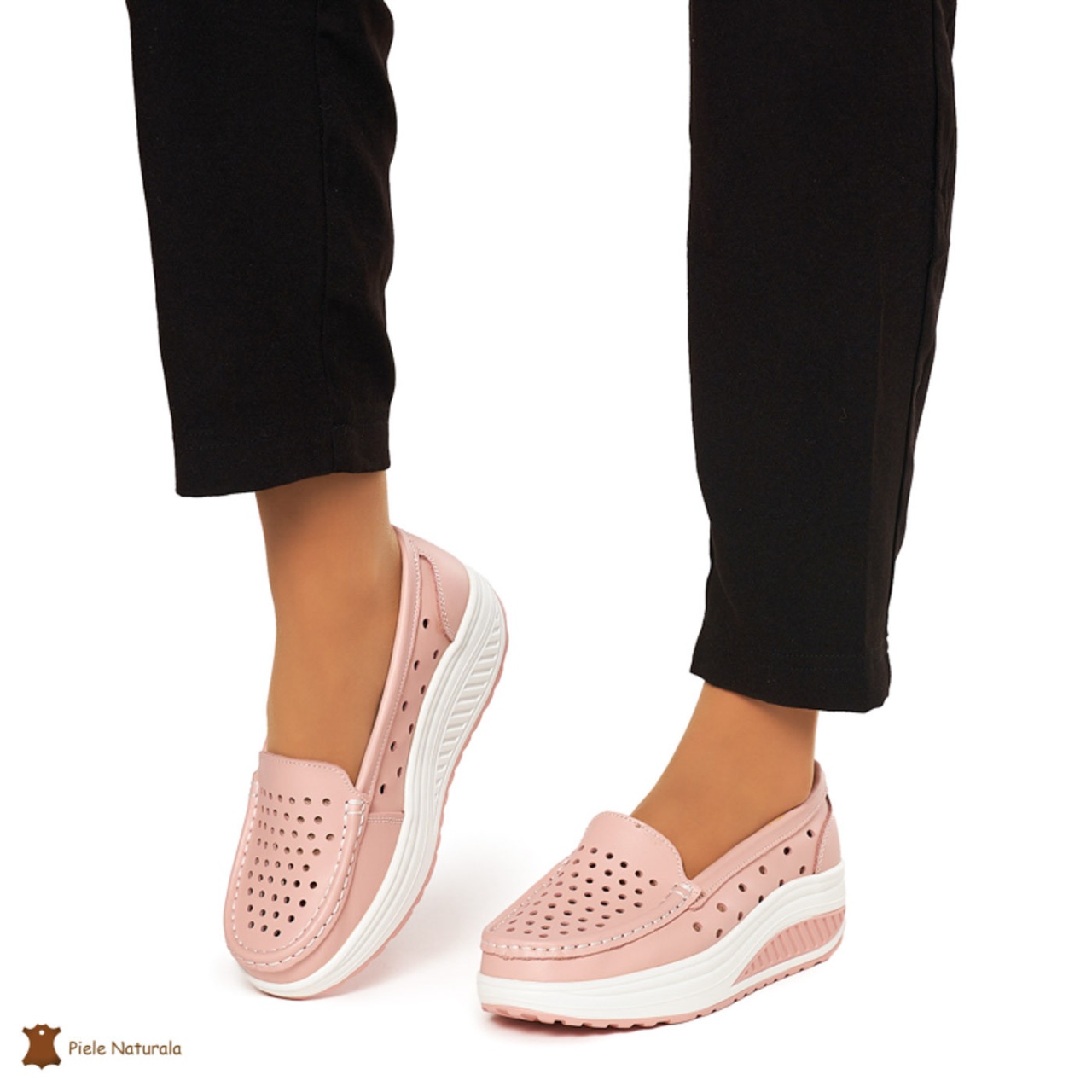 Mocasini Dama Piele Naturala perforati cu talpa groasa CRL0079 ROZ