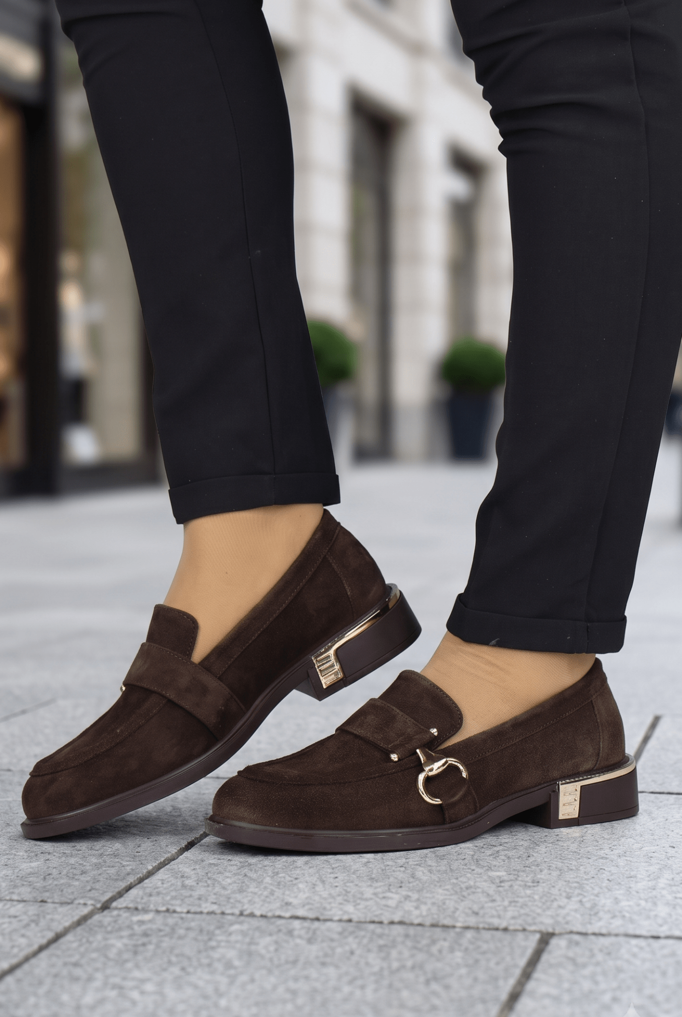 Mocasini din Piele Intoarsa Maro cu Accesoriu - MYRY BROWN
