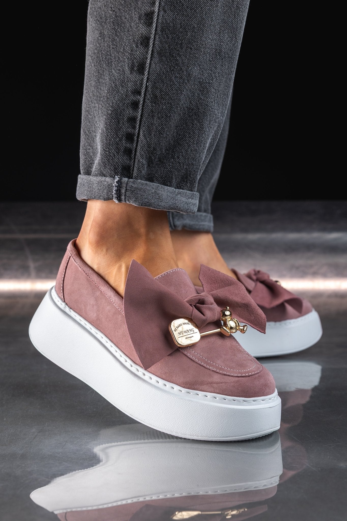 Mocasini Din piele Intoarsa Roz cu Fundita - Tessa Pink