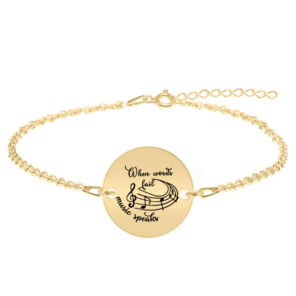 Music - Bratara personalizata pentru iubitorii de muzica "When words fail, music speaks" din argint 925 placat cu aur galben 24 karate