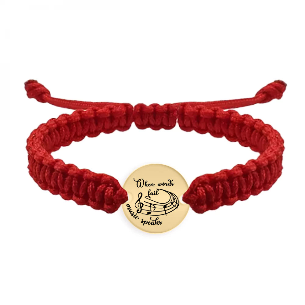 Music - Bratara personalizata snur impletit pentru iubitorii de muzica "When words fail, music speaks" din argint 925 placat cu aur galben 24 karate