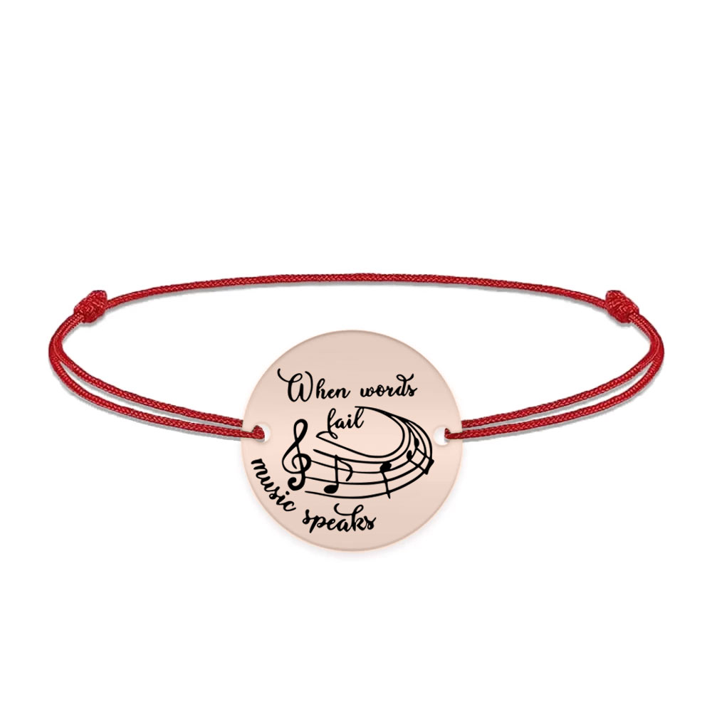 Music - Bratara personalizata snur simplu pentru iubitorii de muzica "When words fail, music speaks" din argint 925 placat cu aur roz