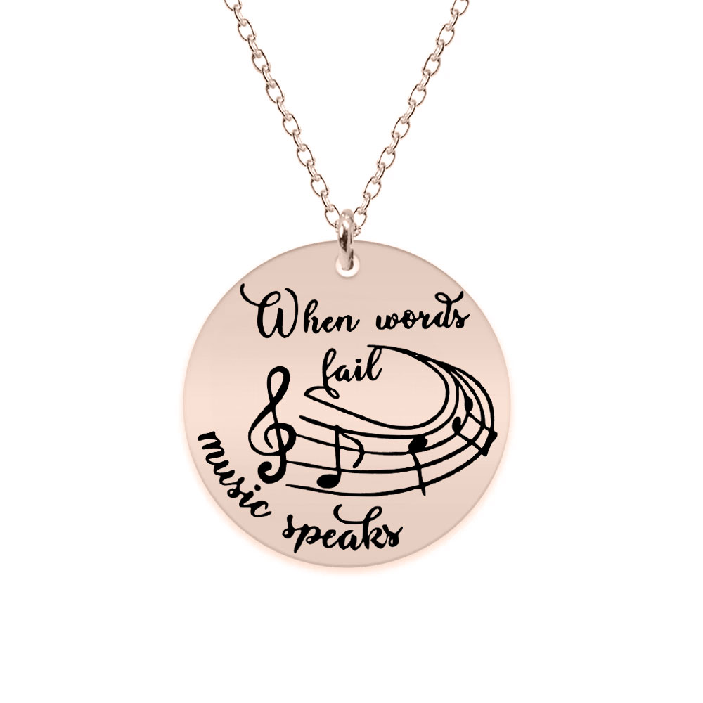 Music - Colier personalizat pentru iubitorii de muzica "When words fail, music speaks" din argint 925 placat cu aur roz
