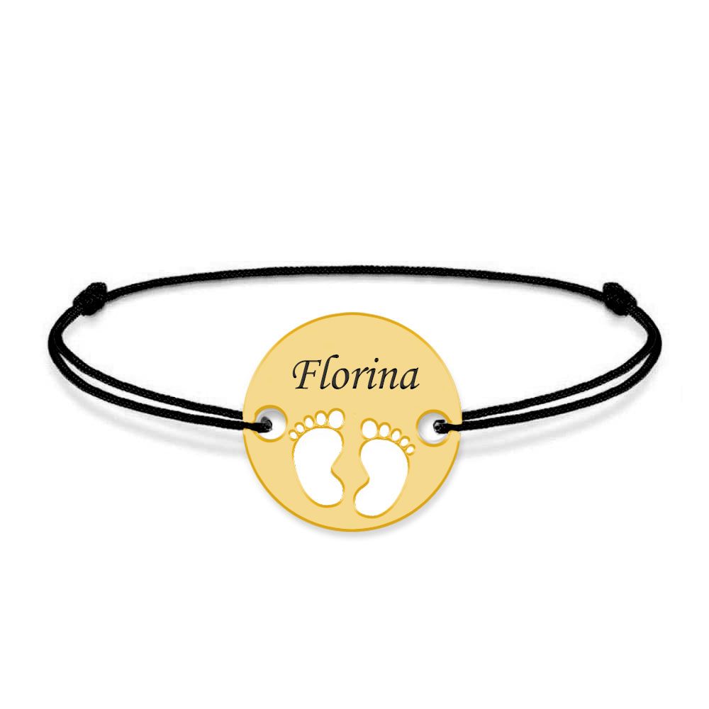 My Kid - Bratara personalizata snur cu talisman din argint 925 placat cu aur galben 24K cu nume si talpite