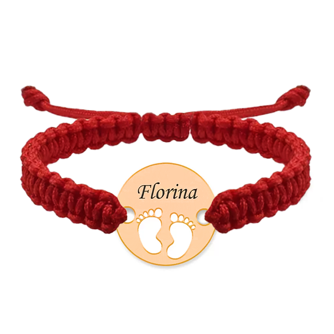 My Kid - Bratara personalizata snur impletit banut cu talpite si nume gravat din argint 925 placat cu aur roz
