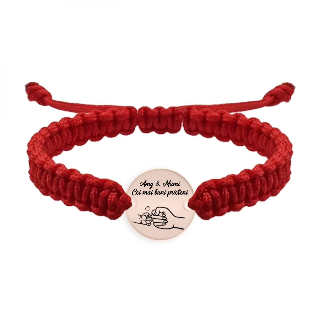 Nala - Bratara personalizata cu banut si snur impletit pentru mama din argint 925 placat cu aur roz