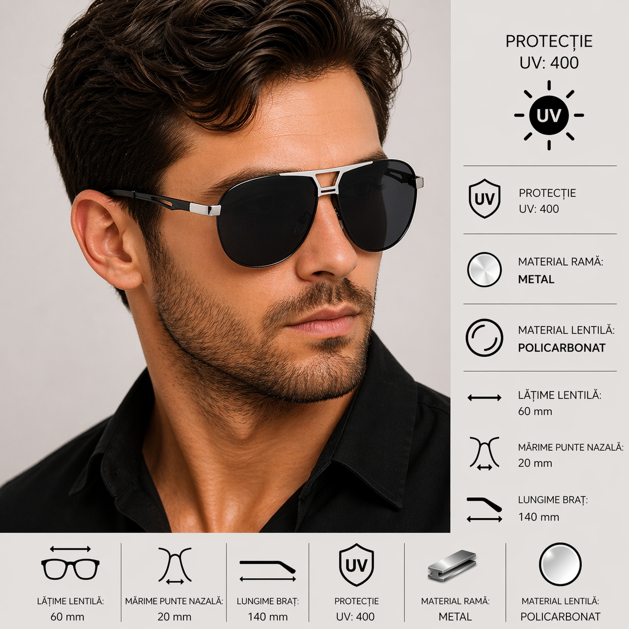 Ochelari de soare pentru barbati, SG043, Negru/Argintiu - poza 2