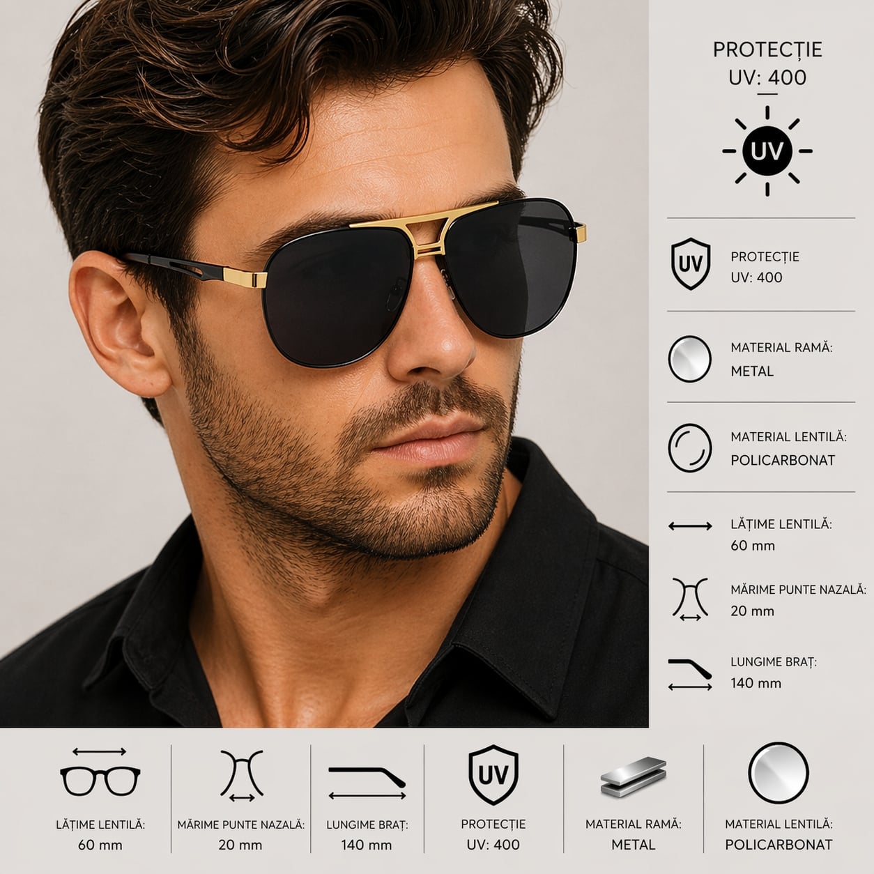 Ochelari de soare pentru barbati, SG044, Negru/Auriu - poza 2