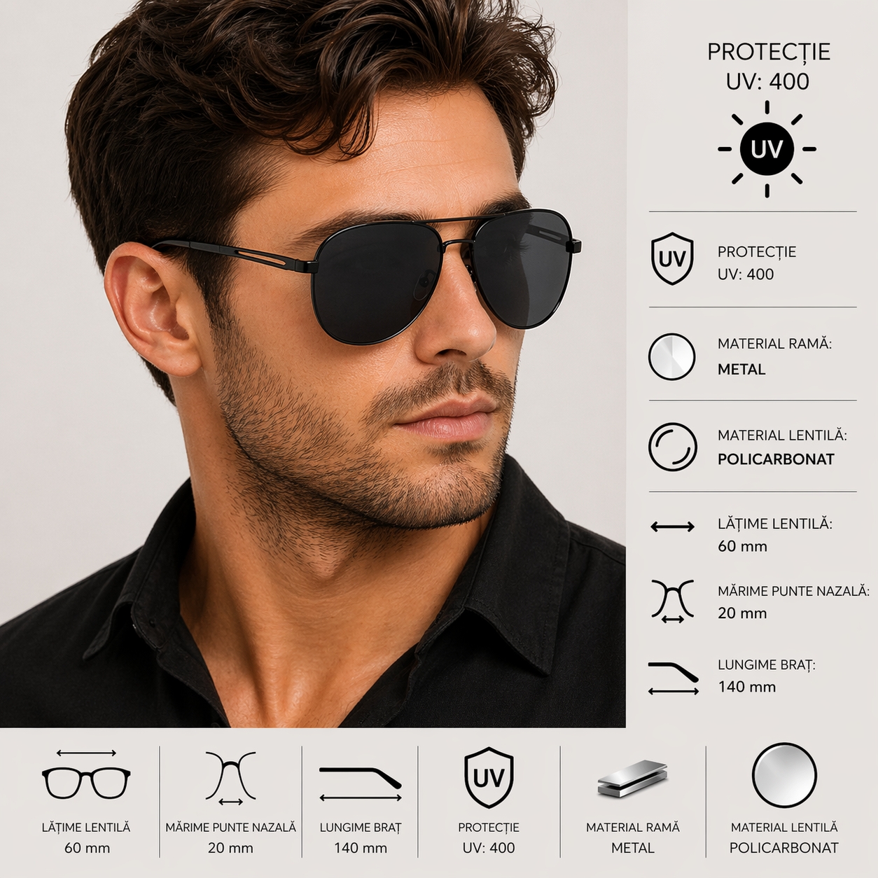Ochelari de soare pentru barbati, SG045, Negru - poza 2