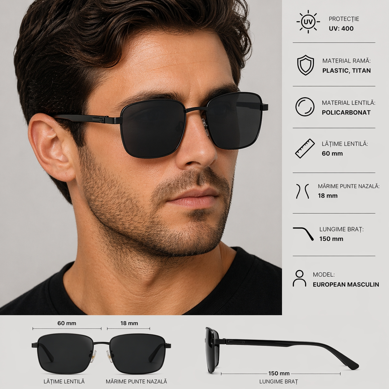 Ochelari de soare pentru barbati, SG066, Negru - poza 2
