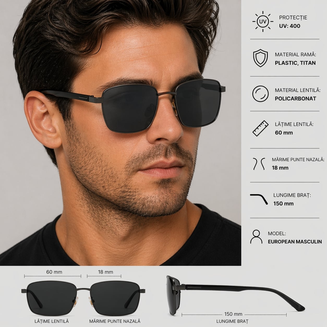 Ochelari de soare pentru barbati, SG067, Negru/Gri inchis - poza 2
